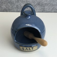 Pottery Salt Pig With Wooden Scoop Ceramic Salt Cellar Container Blue Glazed
