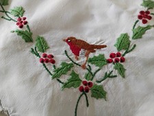 VINTAGE CHRISTMAS LINEN HAND EMBROIDERED ROBINS AND HOLLY TABLECLOTH
