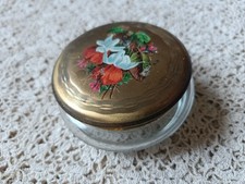 Antique Vintage Talcum Powder Glass Container with a Hand-painted Brass Cap