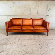 Stylish 1970s Danish Borge Mogensen Style Tan  Three Seater Leather Sofa #A757