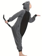 Cartoon Racoon Pajama Jumpsuit, Cute Long Sleeve Buttons Hooded Pajama Jumpsuit,