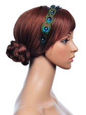 1920's DECO  PEACOCK FEATHER   Diaminate  Beads HEADBAND Hair Piece  WED PARTY