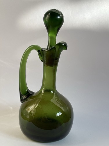Old green glass cruet decanter - green,