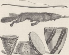 USA. Indian bow, quiver, and baskets made from grass, Cyperus root, etc 1890