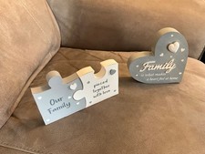 2 x family-themed grey / cream self-standing wood ornaments / plaques