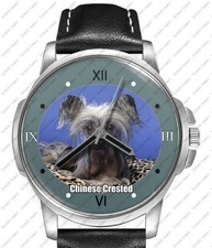 Chinese Crested Pet Dog Black Leather Strap Watch