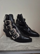 Topshop Black Cut Out Leather Ankle Boots with Silver Buckles Size 3