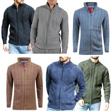 Mens Ex-M&S Full Zip Cardigan Chunky Cable Knit Thick Weave Fisherman Jumper