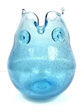 Blue aqua Glass Owl shape Vase Hand Blown Art Bubbles  Vintage animal bird 