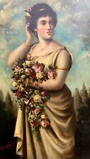 Signed Original Antique Oil Painting on Panel Italian Roman Lady holding Bouquet