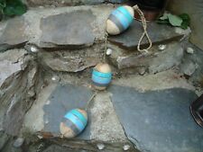 3 X Wooden Fishing Boat Net Floats On Rope Turquoise & Blue  Wood Buoys Trawler