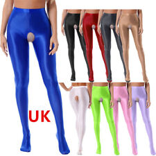 UK Womens Pantyhoses Satin Glossy Sexy Open Crotch Pants Shiny Opaque High Waist