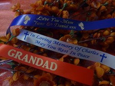 PERSONALISED FUNERAL RIBBON 25mm WIDE x 1 METRE FLOWERS WREATH MEMORIAL TRIBUTE 