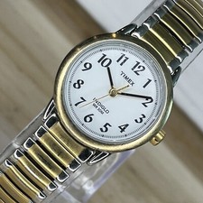 Timex Watch Women Gold Silver Two Tone Round  Stretch Band  30M NEW BATTERY RUNS
