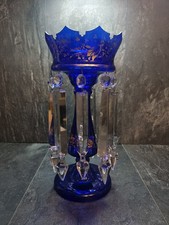 Antique Victorian Cobalt Blue Glass Lustre Vase with 9 Prism Drops Gold Detail