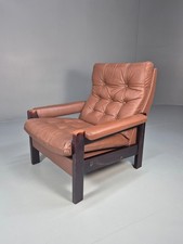 Vintage Danish Hardwood and Brown Leather Lounge Chair 1970s Retro EB10322 MNOR