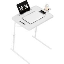 16.9"×22" White Adjustable TV Tray Table with Book Stand Cup Holder Tablet Slot