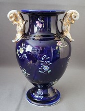 ANTIQUE MASON'S IRONSTONE HAND PAINTED FLOWERS MAZARINE BLUE VASE C1815-25
