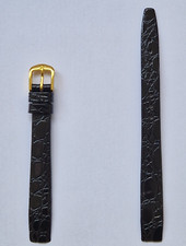 Vintage Hirsch Crocograin Open Ended Watch Strap Black 12mm Gold Coloured Buckle