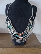 Statement Piece, Silver Tone And Seed Bead Bib Necklace