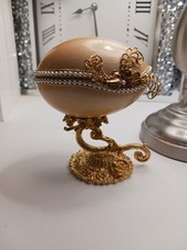 Vintage Trinket Box Goose Egg Silk Lined Pink Pearl Decorated Gold Colour Stand