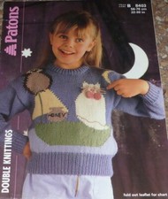 Vintage Paton's Knitting Pattern Girl's DK Owl & Pussy Cat Motif Sweater B8403