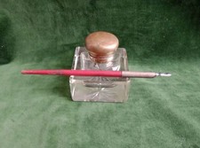 Late Victorian/Edwardian Cut Glass Inkwell With Brass Lid & Integrated Pen Rest