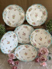 Antique Dinner Plates x SIX Mintons Celeste Blue? Hand-Painted Floral Cartouches