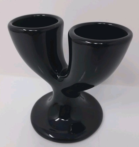 Double ceramic black egg cup - ceramic,