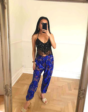 Royal Blue Satin Chinese Dragon Embroidered qi pao Trousers joggers  S 6 8 10