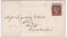1855 QV MISPERF 1d PENNY RED STAMP C1 ON LONDON COVER TO LOUTH LINCOLNSHIRE