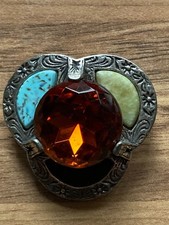 Vintage Signed Miracle Claw Set Agate Glass Silver Tone Scottish Brooch Kilt Pin