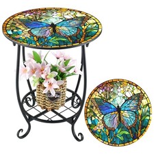Outdoor Side Table Round Small Mosaic Patio Accent 14 Inch Butterfly Style