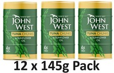 John West Tuna Chunks in Sunflower Oil Tins 100% Traceable Fish Cans 12 x 145g