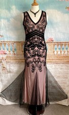 Gatsby Dress 10 Black Ballgown Stretch Tapework Sequined Art Deco 20's Evening