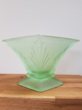 Vintage Bagley Art Deco Amber Frosted Green Glass Dish Decor 11cm x 18cm