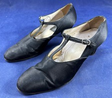 Vintage 1920s Art Deco Black Silk Satin T-Strap Heels Flapper Dance Shoes Size 9