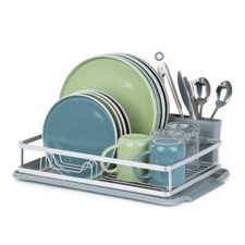LIVIVO Aluminium Dish Drainer Rack Grey w/ Cutlery Holder & Removable Drip Tray