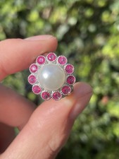 Silver Pink Topaz & Pearl Large Cluster Ring 6.6 Grams