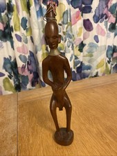 Vintage African Carved Figure Drumming Retro Dark wood tribal art  