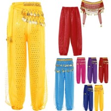 UK Girls Harem Dance Pants Arabic Belly Dancing Costumes Trousers w/Hip Scarf