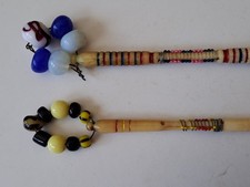 2 x ANTIQUE BONE LACE BOBBINS WITH PANELS OF WIRED BEADS PAINTED BANDS, SPANGLES
