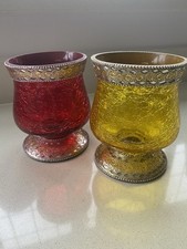 Pair of Crackle Glass Candle/Tealight Holders with Decorative Trims & Bases