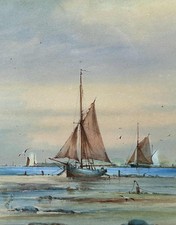 19th Century Nautical Watercolour Fishing Boats at Low Tide