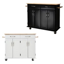 Rolling Kitchen Island Wood Serving Trolley Cart Storage Cupboard Butcher Block