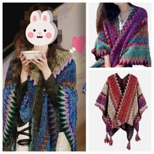 Women Ladies Knitted Open Colourful Poncho Blanket Warm Winter Tassel Wrap Shawl