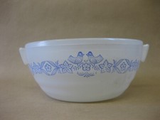 Vintage Phoenix Opalware Glass Bowl Oven Dish ~ Blue Birds & Flowers ~ Handles