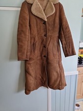 Vintage Genuine Sheepskin Ladies Coat Size 14 Brown Long Length Warm + Pockets