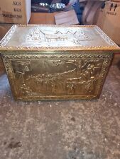 Vintage Brass Coal Box With Lid Embossed Stage Coach Scene Scuttle Log Store
