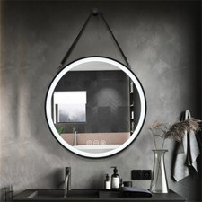 Premium Black Round Bathroom Mirror with LED Lights Leather Strap Wall Hanging